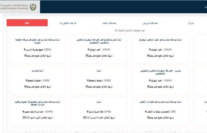 وظيفة جامعة.. جامعة الإمارات العربية تعلن عن وظائف شاغرة لأعضاء هيئة التدريس والمعيدين في 88 تخصص.. قدم الآن