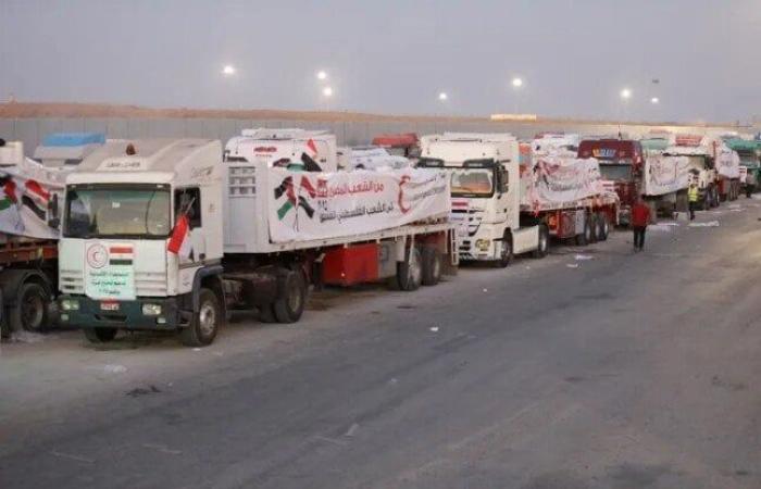 اصطفاف شاحنات المساعدات الـ 38 تمهيدا لتحركها من مصر باتجاه قطاع غزة