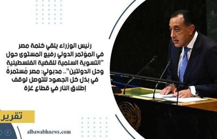 رئيس الوزراء يلقي كلمة مصر في المؤتمر الدولي رفيع المستوى حول "التسوية السلمية للقضية الفلسطينية وحل الدولتين".. مدبولي: مصر مُستمرةٌ في بذل كل الجهود للتوصل لوقف إطلاق النار في قطاع غزة